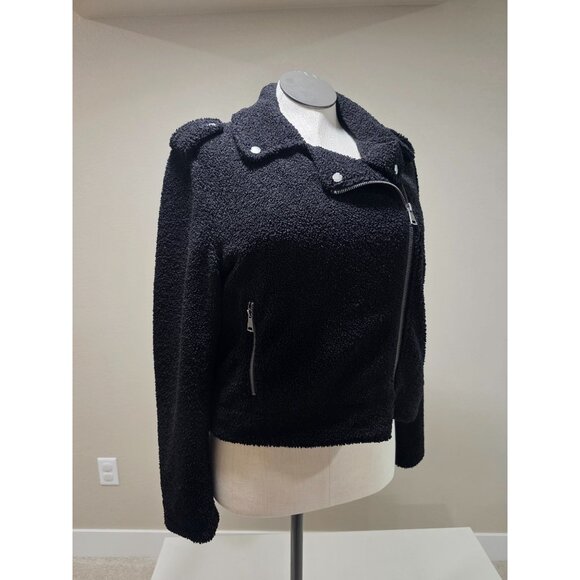 Black Sherpa Moto Jacket With Asymmetrical Zipper & Snap Buttons Long Sleeves - Picture 3 of 7